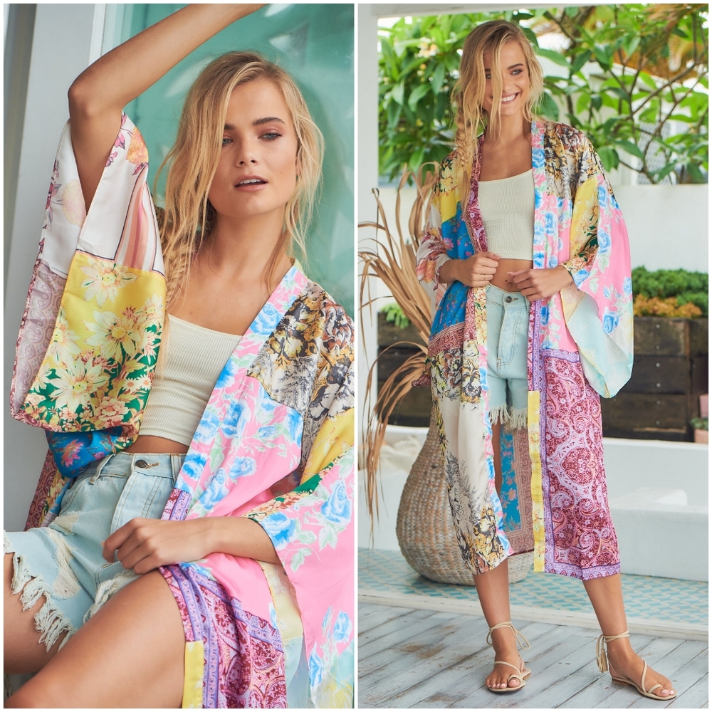 NWOT Free People Patched With Love Kimono Robe in Magic Combo